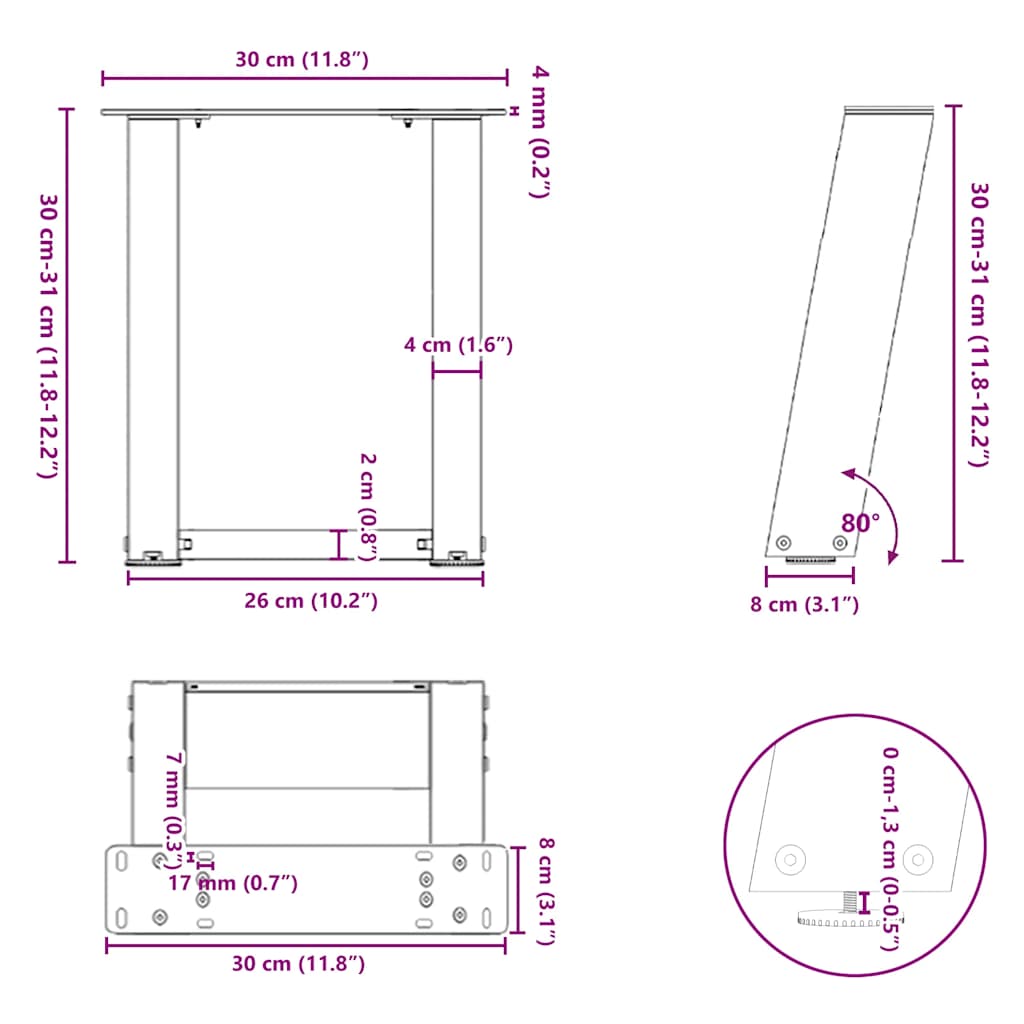 Gambe Tavolino da Caffè a U 2 pz Bianco 30x(30-31)cm in Acciaio