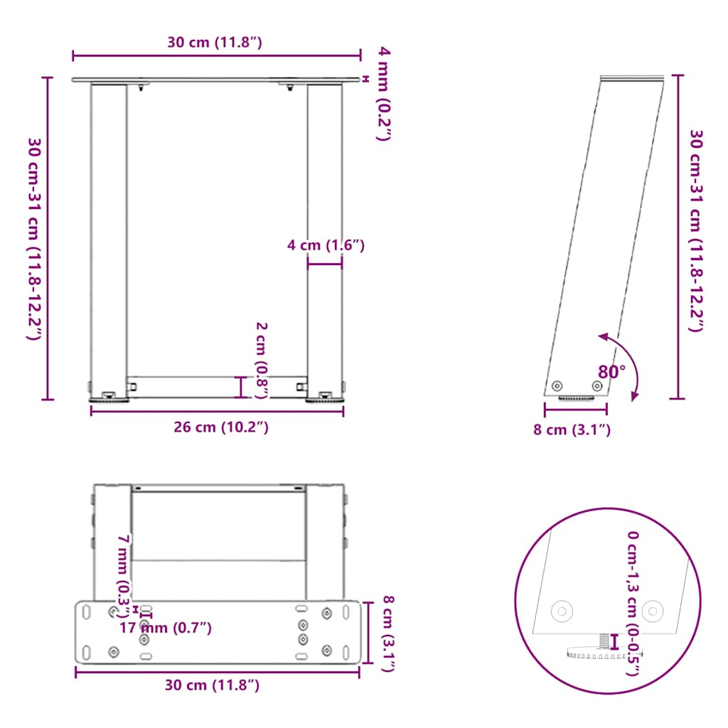 Gambe Tavolino Caffè a U 2 pz Antracite 30x(30-31)cm in Acciaio