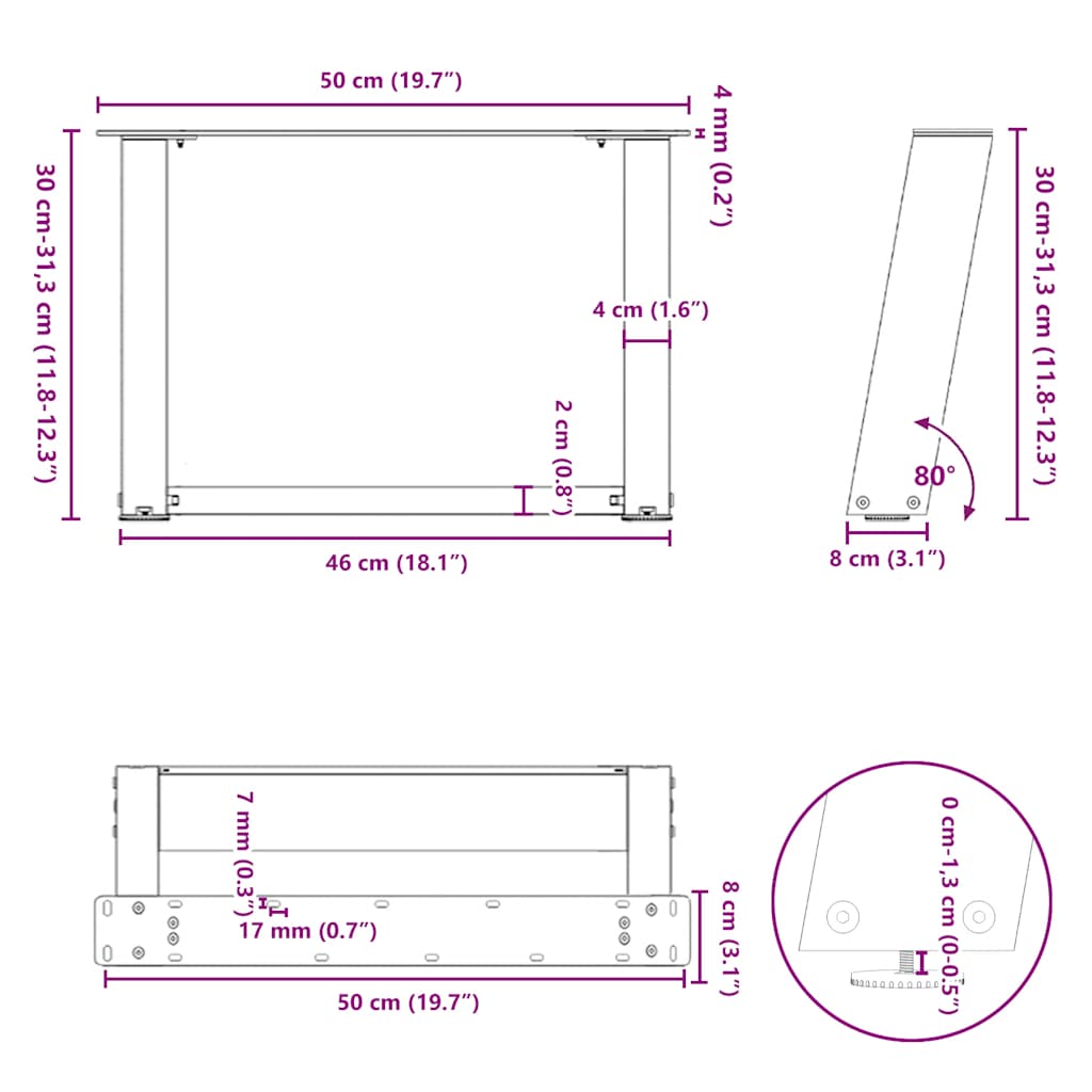 Gambe per Tavolino da Caffè forma U 2 pz Naturale 50x(30-31) cm
