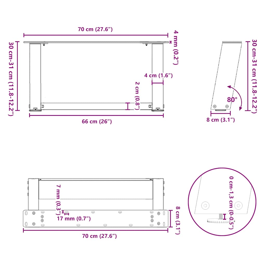 Gambe Tavolino Caffè a U 2 pz Antracite 70x(30-31)cm in Acciaio