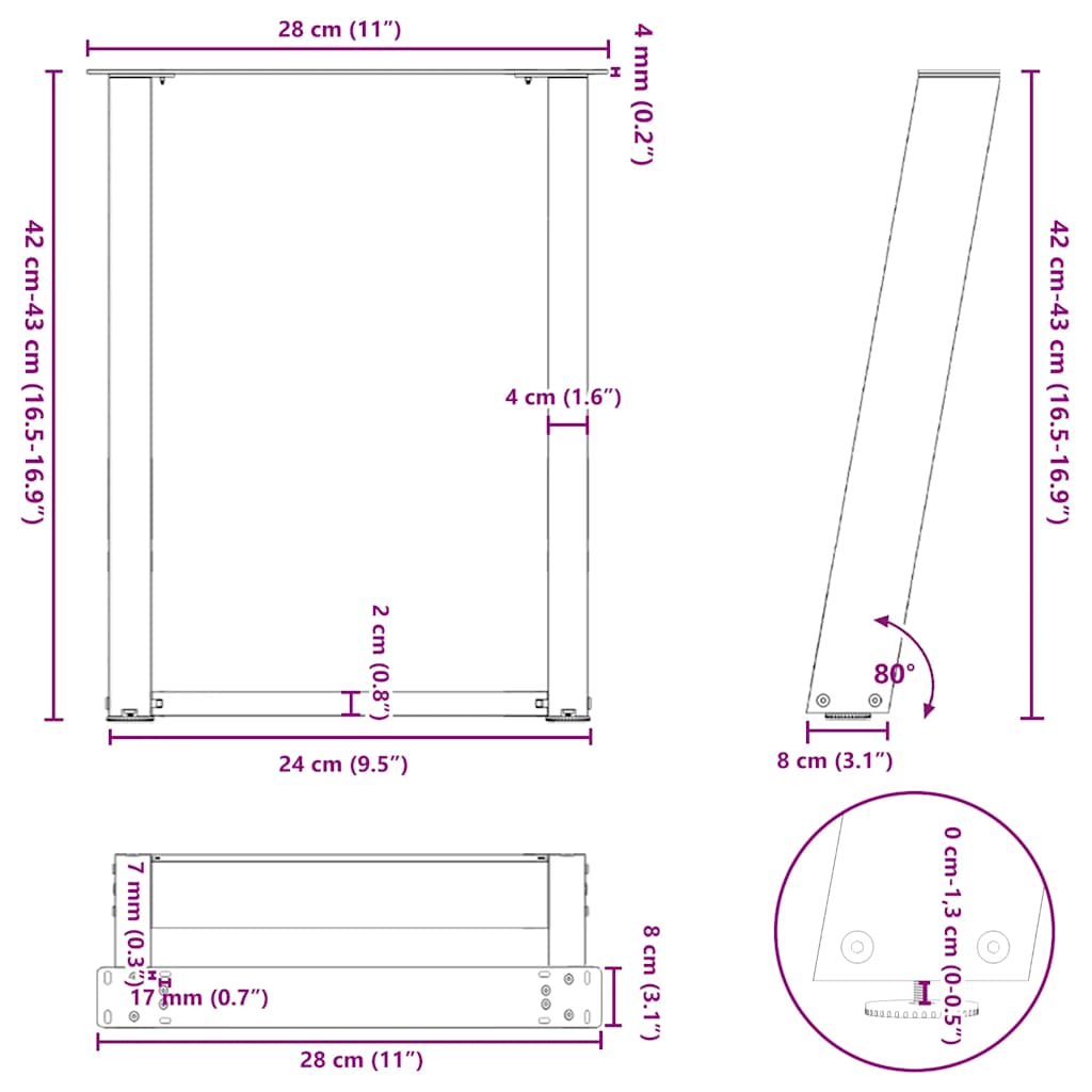 Gambe Tavolino Caffè a U 2 pz Bianco 28x(42-43) cm Acciaio