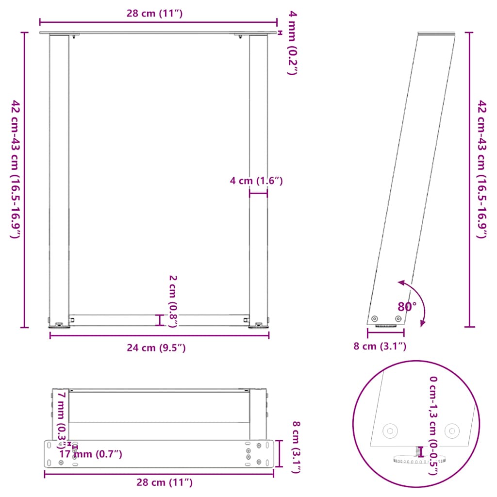 Gambe Tavolino Caffè a U 2 pz Antracite 28x(42-43) cm Acciaio