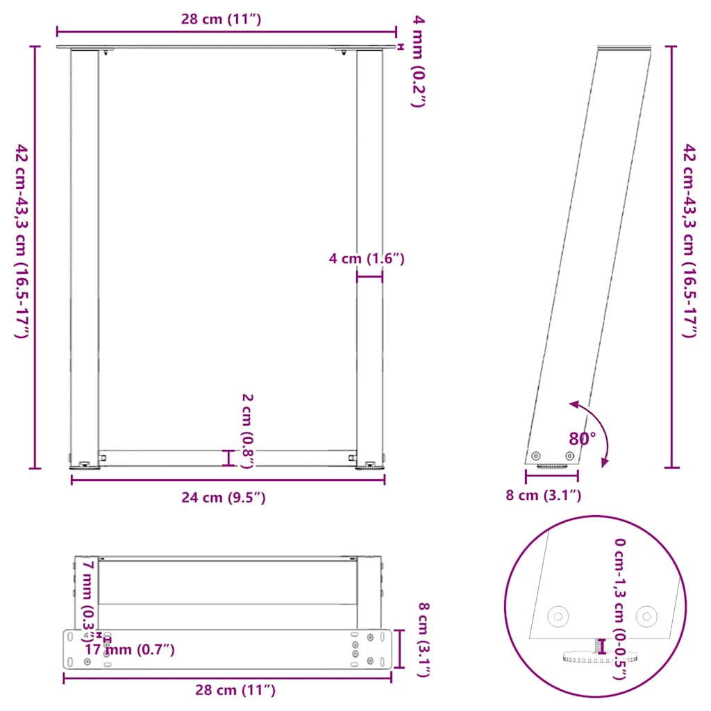 Gambe per Tavolino da Caffè forma U 2 pz Naturale 28x(42-43) cm