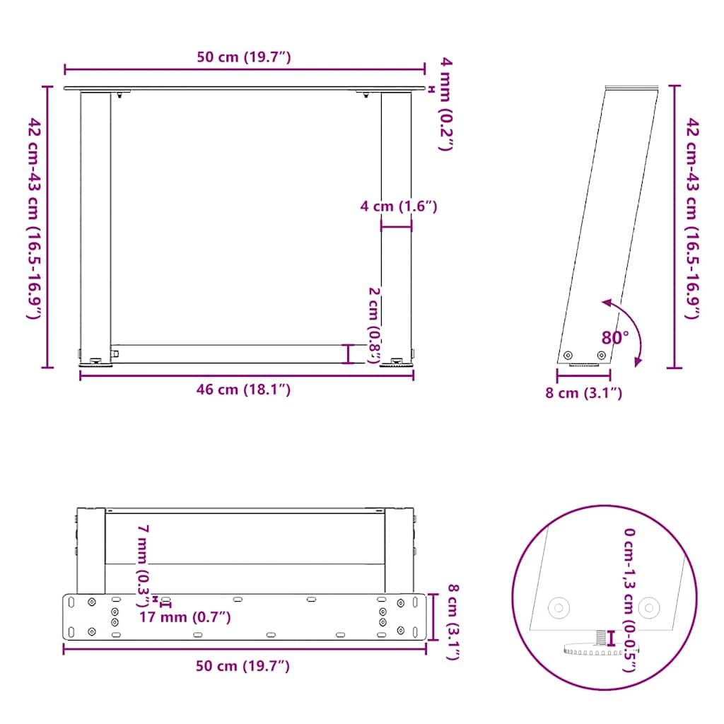 Gambe Tavolino Caffè a U 2 pz Bianco 50x(42-43) cm Acciaio