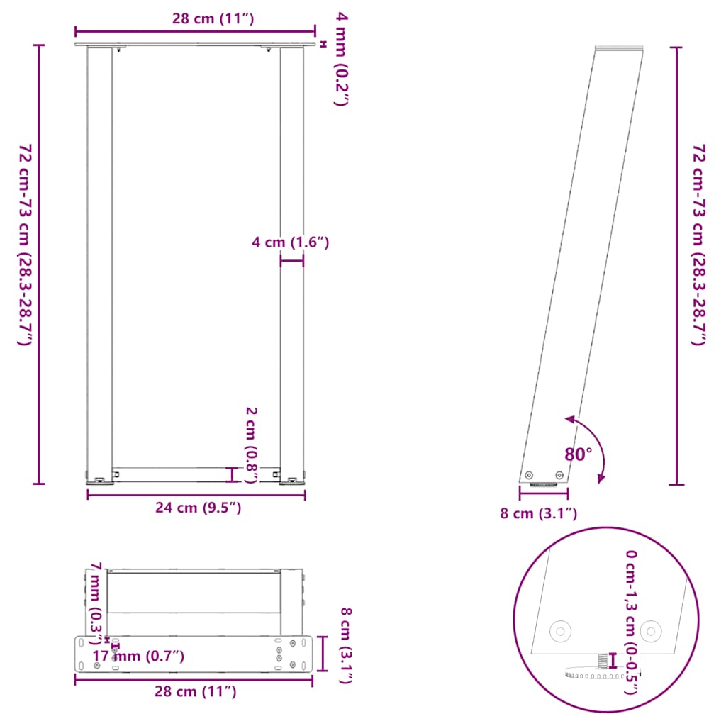 Gambe Tavolo Consolle a U 2 pz Bianco 28x(72-73) cm Acciaio