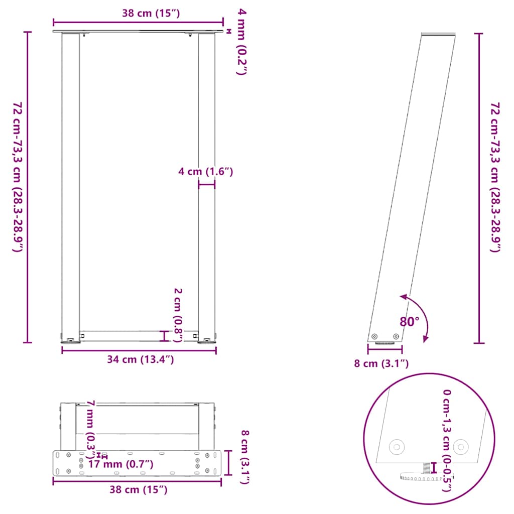 Gambe per tavolo consolle forma U 2 pz Antracite 38x(72-73) cm