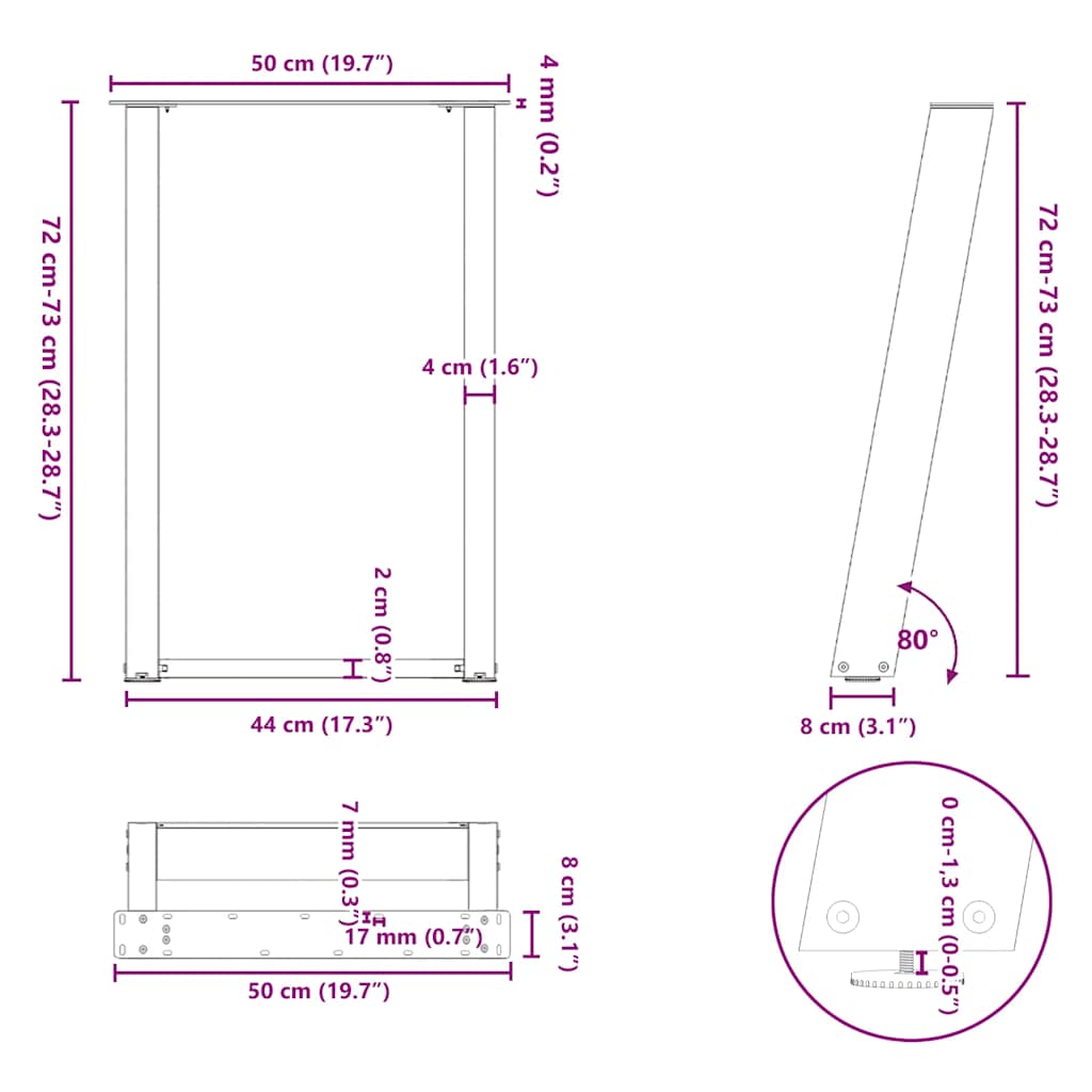 Gambe Tavolo Pranzo a Forma U 2 pz Nero 50x(72-73) cm Acciaio