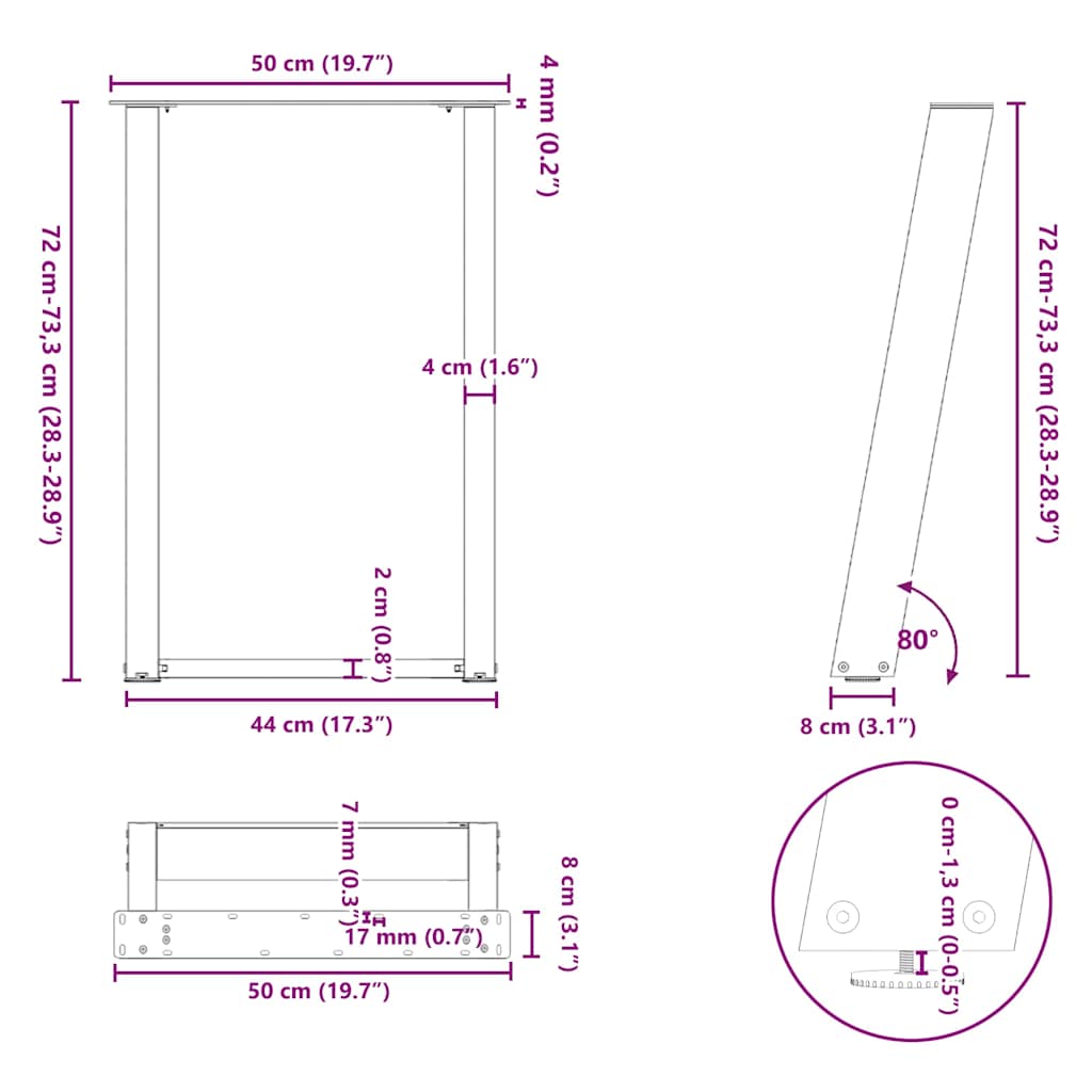 Gambe per tavolo da pranzo forma U 2 pz naturale 50x(72-73) cm