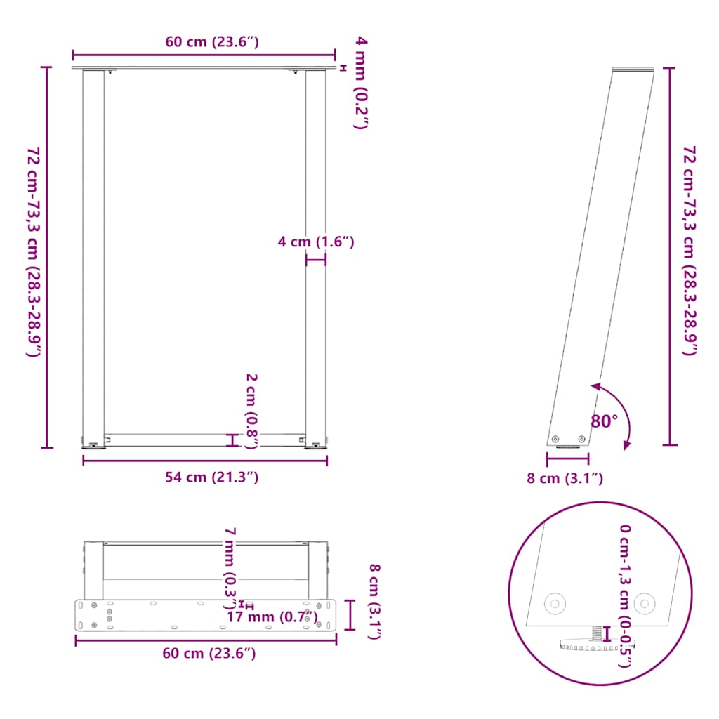 Gambe per tavolo da pranzo forma U 2 pz naturale 60x(72-73) cm