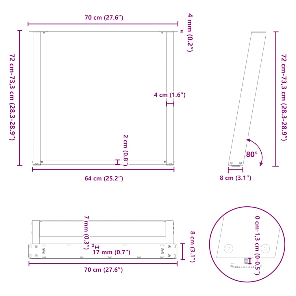 Gambe per tavolo da pranzo forma U 2 pz Antracite 70x(72-73) cm
