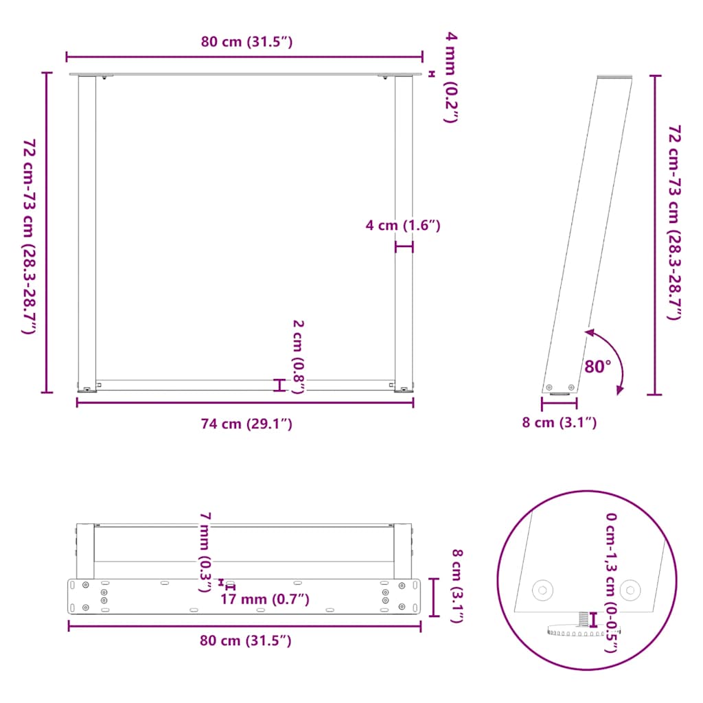 Gambe Tavolo Pranzo a Forma U 2 pz Nero 80x(72-73) cm Acciaio