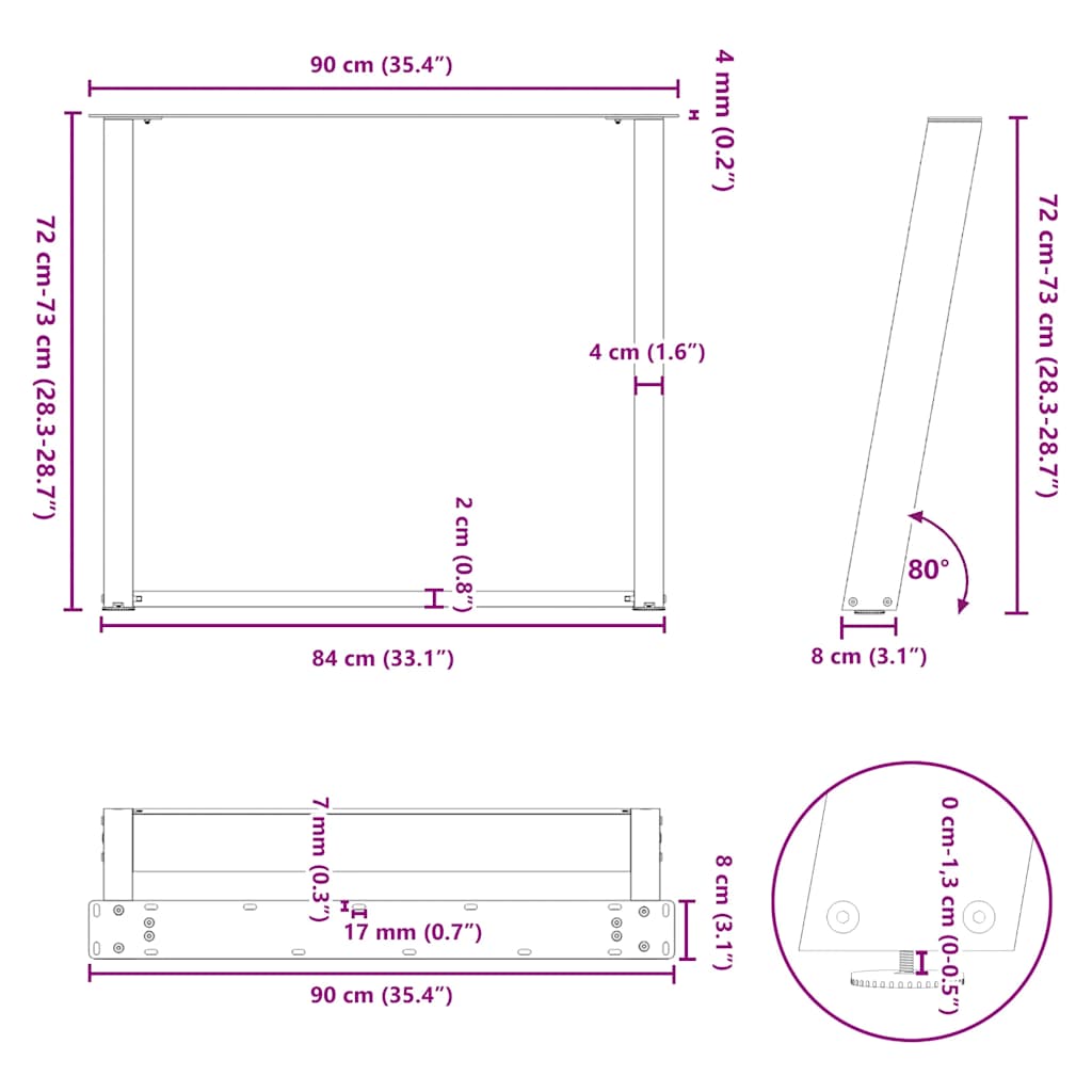 Gambe Tavolo Pranzo a U 2 pz Nero 90x(72-73) cm Acciaio