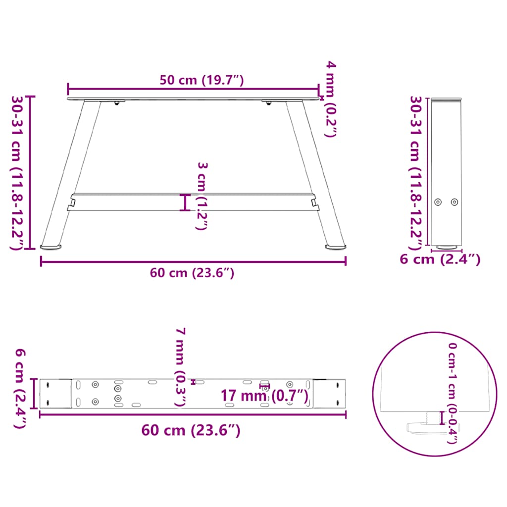 Gambe Tavolino da Caffè a A 2 pz Nero 60x(30-31) cm in Acciaio