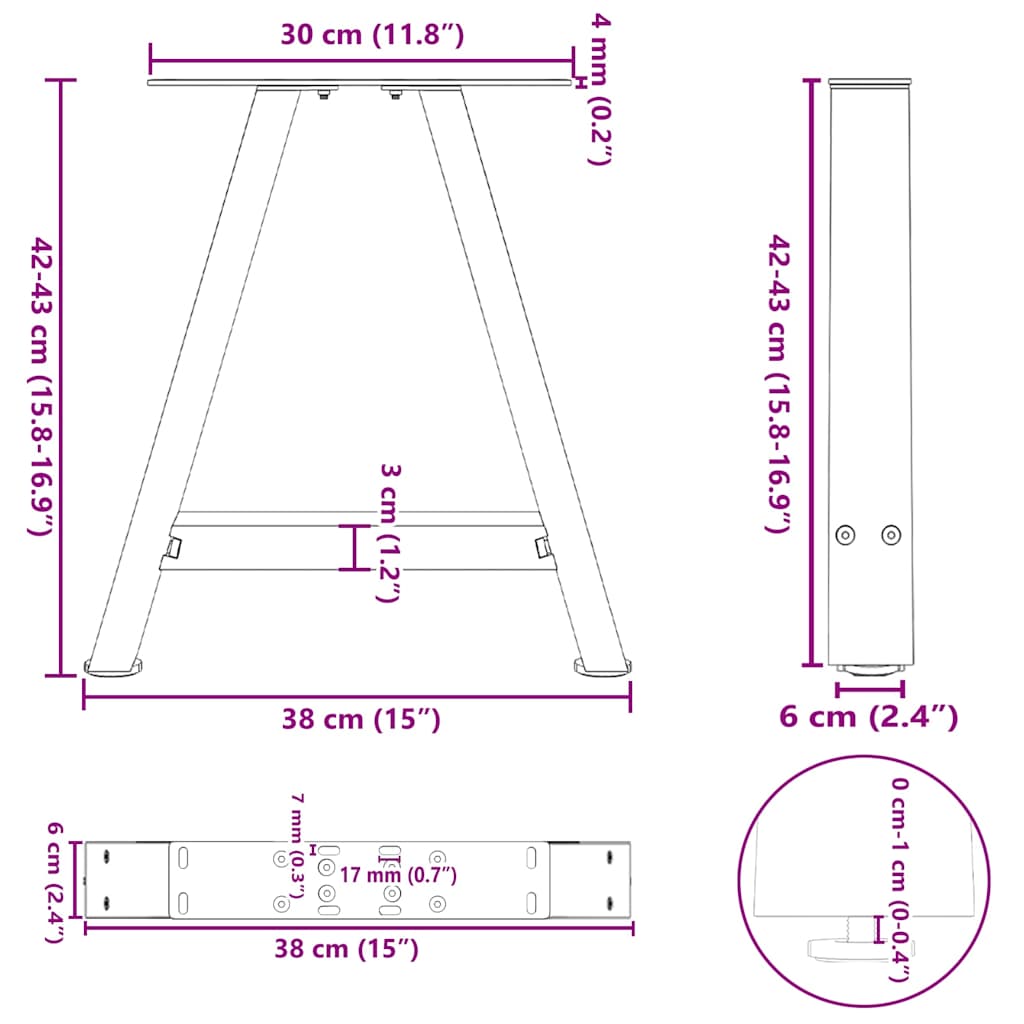 Gambe per Tavolino da Caffè forma A 2 pz Antracite 38x(42-43)cm