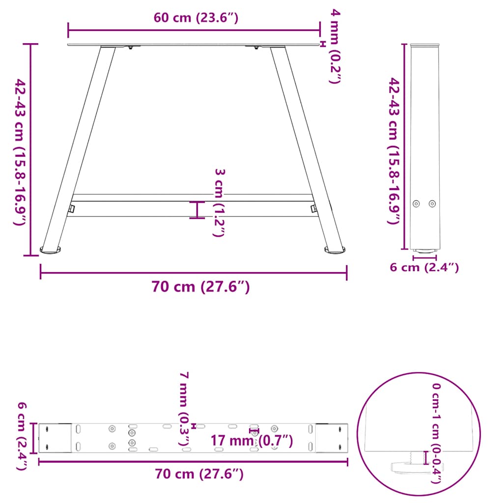 Gambe per Tavolino da Caffè forma A 2 pz Antracite 70x(42-43)cm