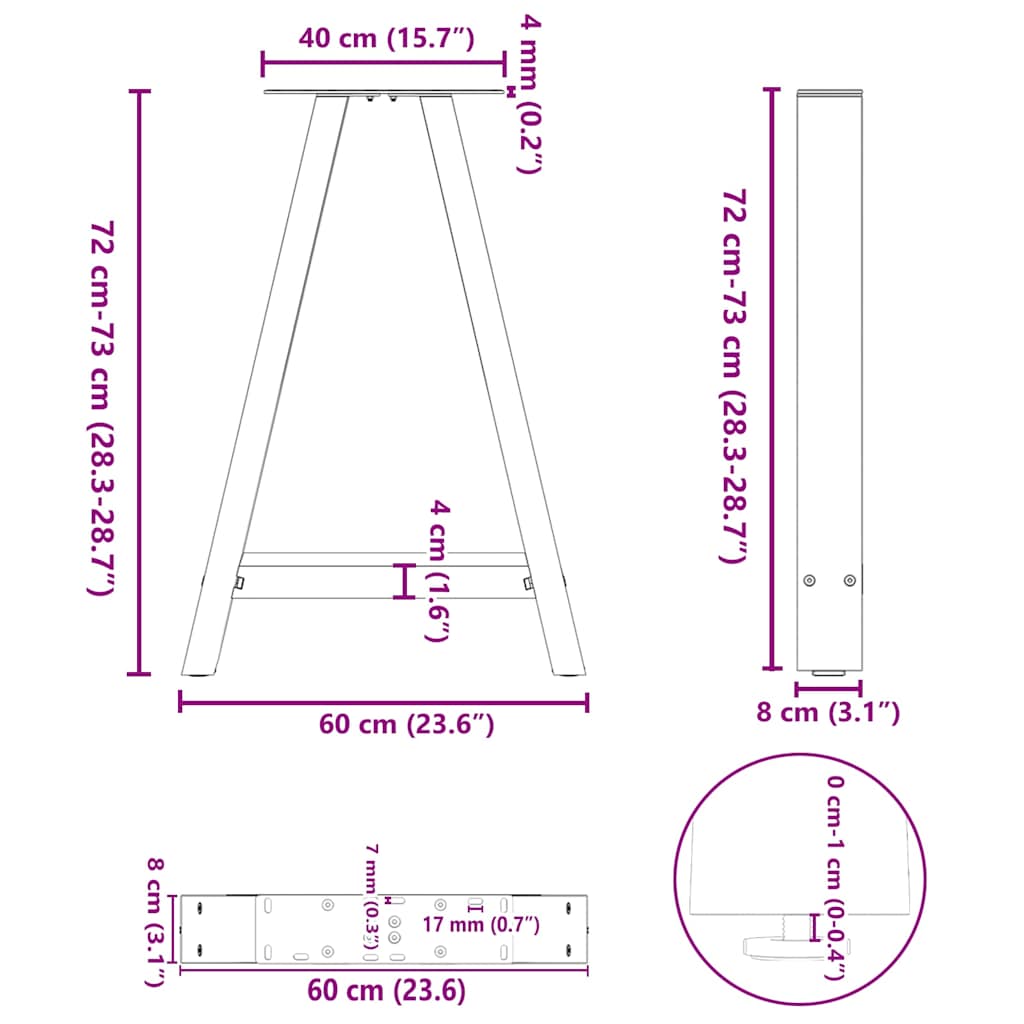 Gambe per tavolo da pranzo forma A 2 pz bianche 60x(72-73) cm