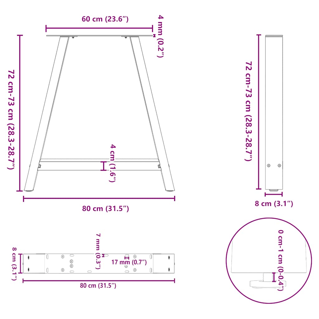 Gambe per tavolo da pranzo a forma di A 2 pz 80x(72-73) cm in acciaio