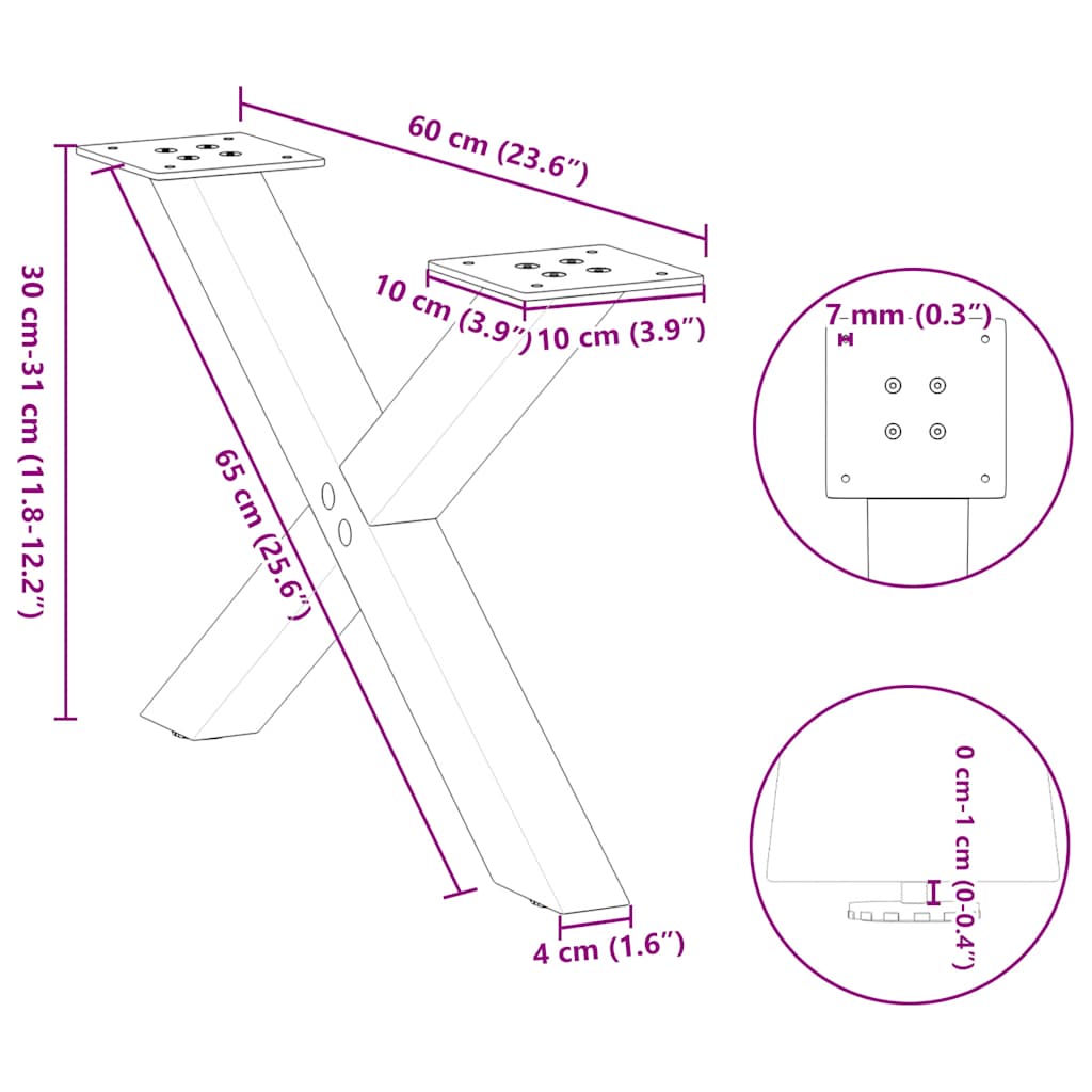 Gambe per Tavolino da Caffè a Forma di X 2 pz Nere 60x(30-31)cm