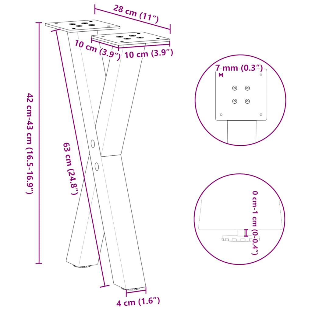 Gambe Tavolino Caffè a X 2 pz Nero 28x(42-43) cm Acciaio