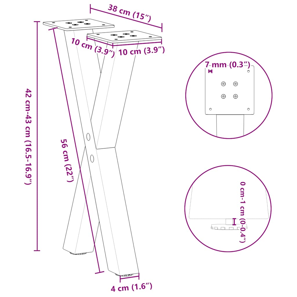 Gambe Tavolino Caffè a X 2 pz Antracite 38x(42-43) cm Acciaio