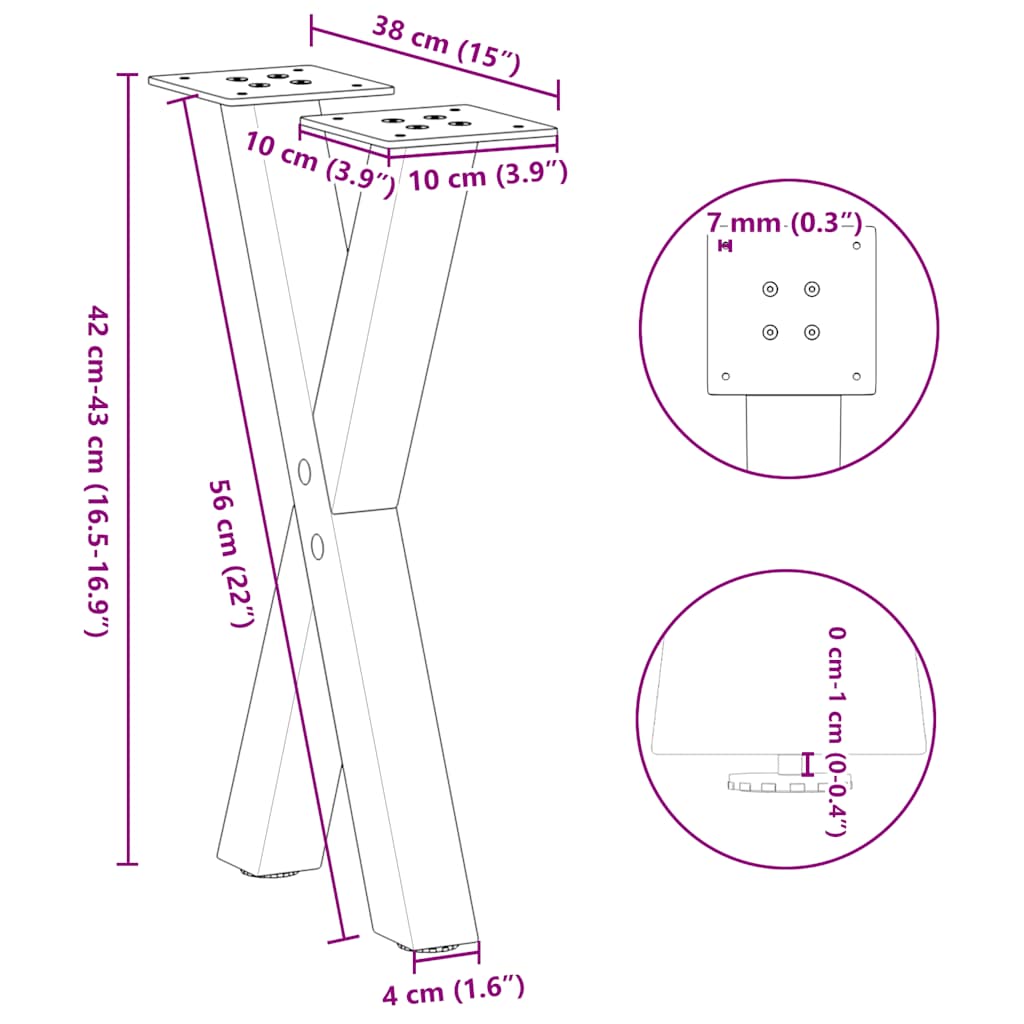 Gambe per Tavolino da Caffè forma X 2 pz Naturale 38x(42-43) cm