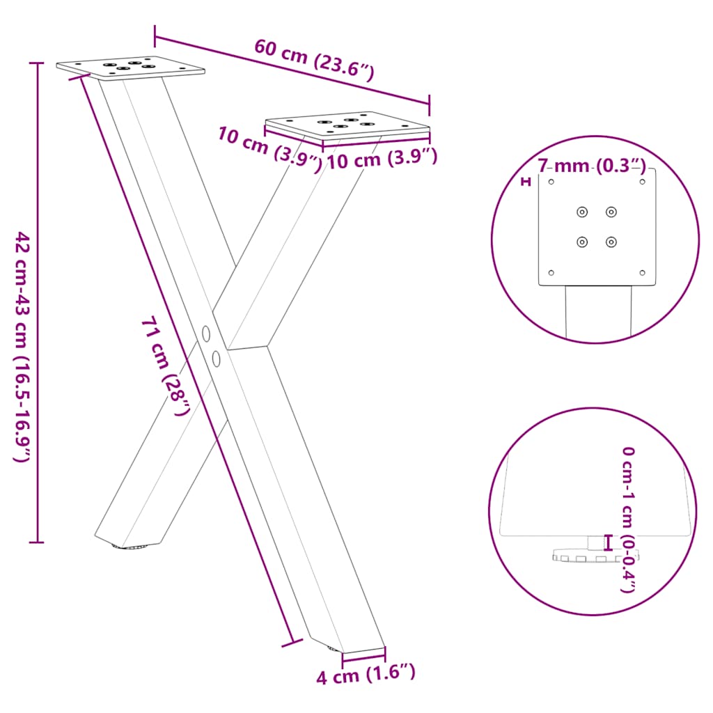 Gambe per Tavolino da Caffè forma X 2 pz Naturale 60x(42-43) cm
