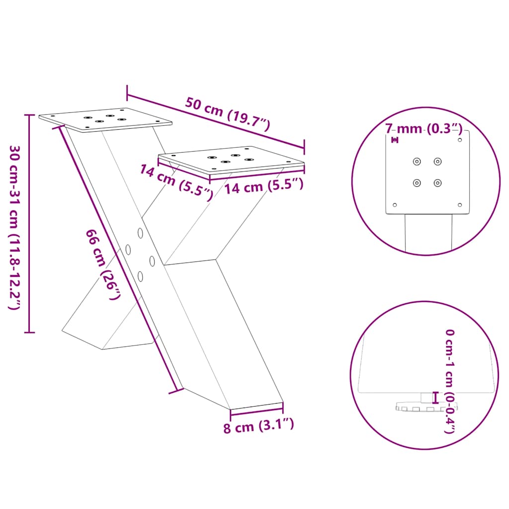 Gambe per Tavolino da Caffè forma X 2 pz Naturale 50x(30-31) cm