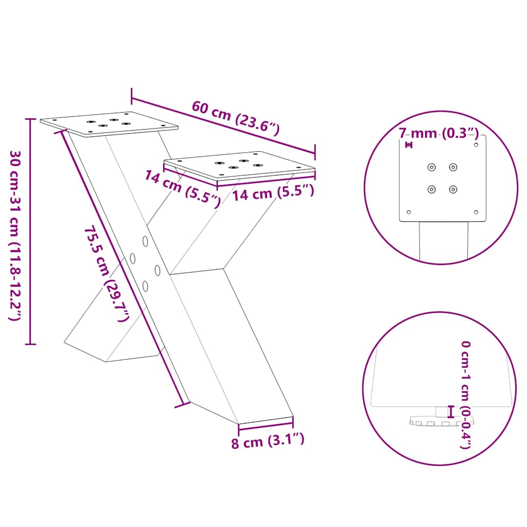 Gambe Tavolino da Caffè a X 2 pz Bianco 60x(30-31)cm in Acciaio