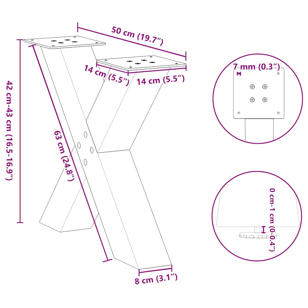 Gambe per Tavolino da Caffè forma X 2 pz Naturale 50x(42-43) cm