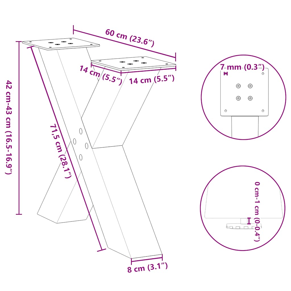Gambe per Tavolino da Caffè forma X 2 pz Naturale 60x(42-43) cm