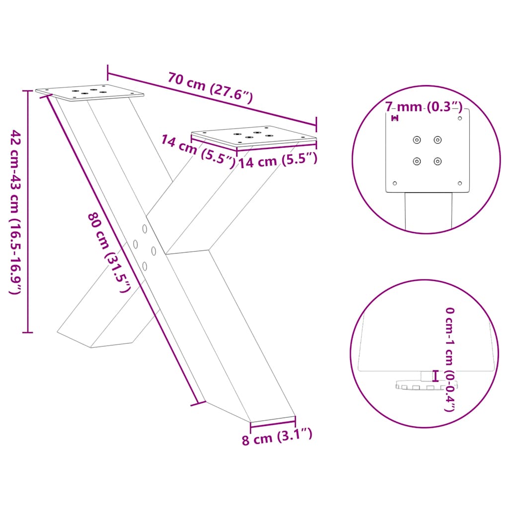 Gambe Tavolo Pranzo a Forma di X 2 pz Nero 70x(42-43)cm Acciaio