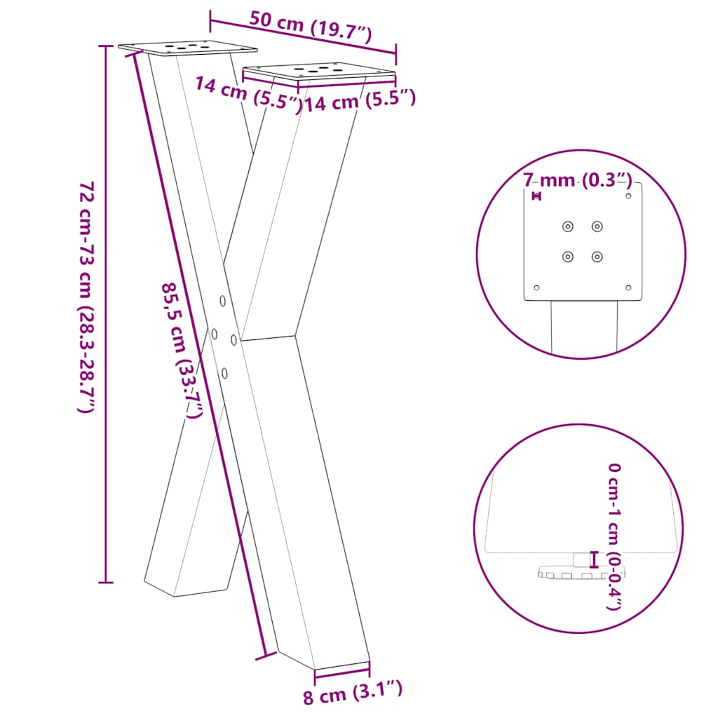 Gambe per tavolo da pranzo a forma di X 2 pz nere 50x(72-73) cm