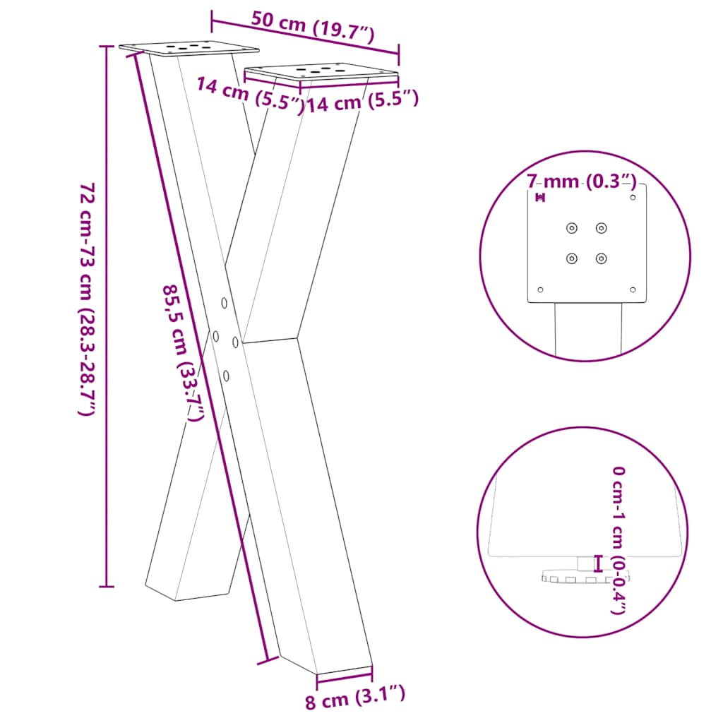 Gambe per tavolo da pranzo forma X 2 pz naturale 50x(72-73) cm