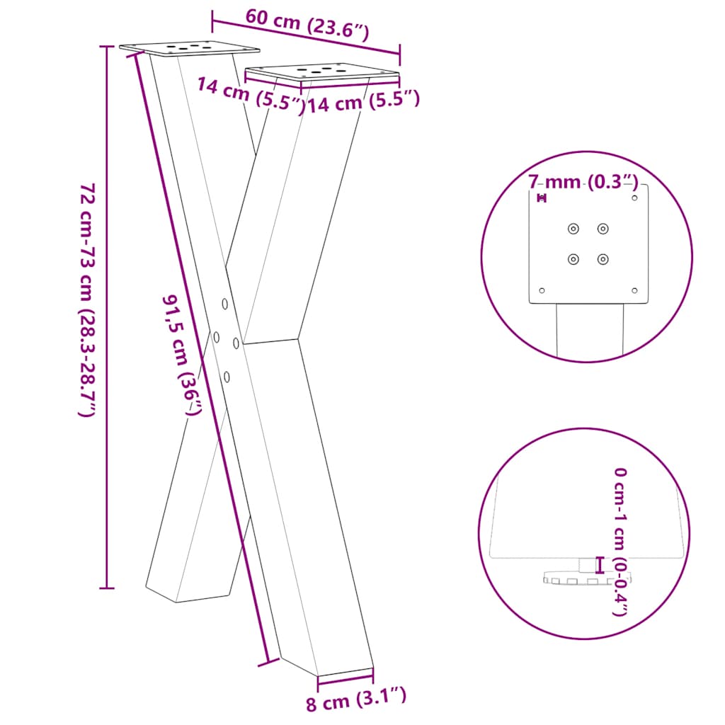 Gambe Tavolo Pranzo a Forma X 2 pz Nero 60x(72-73) cm Acciaio