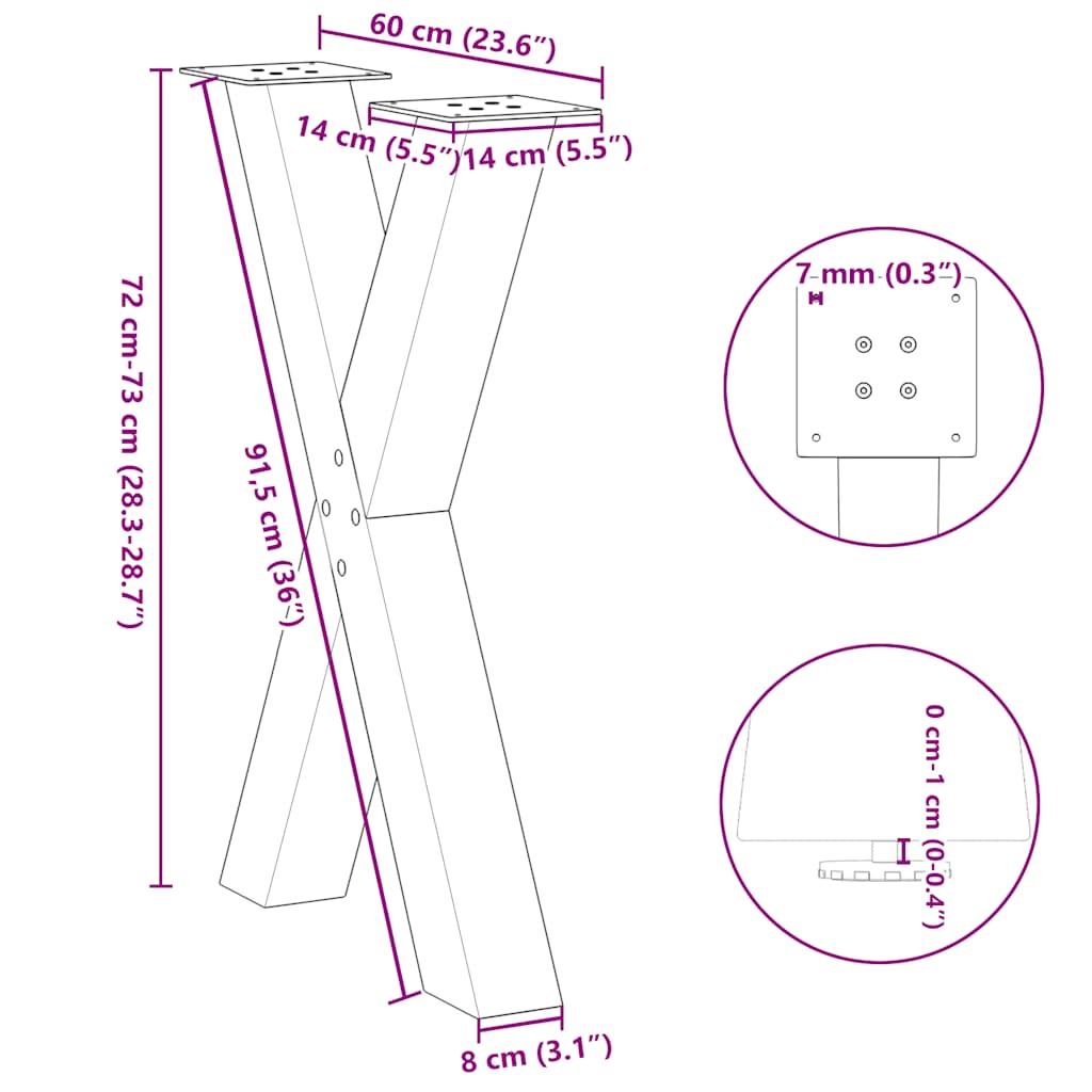 Gambe per tavolo da pranzo forma X 2 pz naturale 60x(72-73) cm