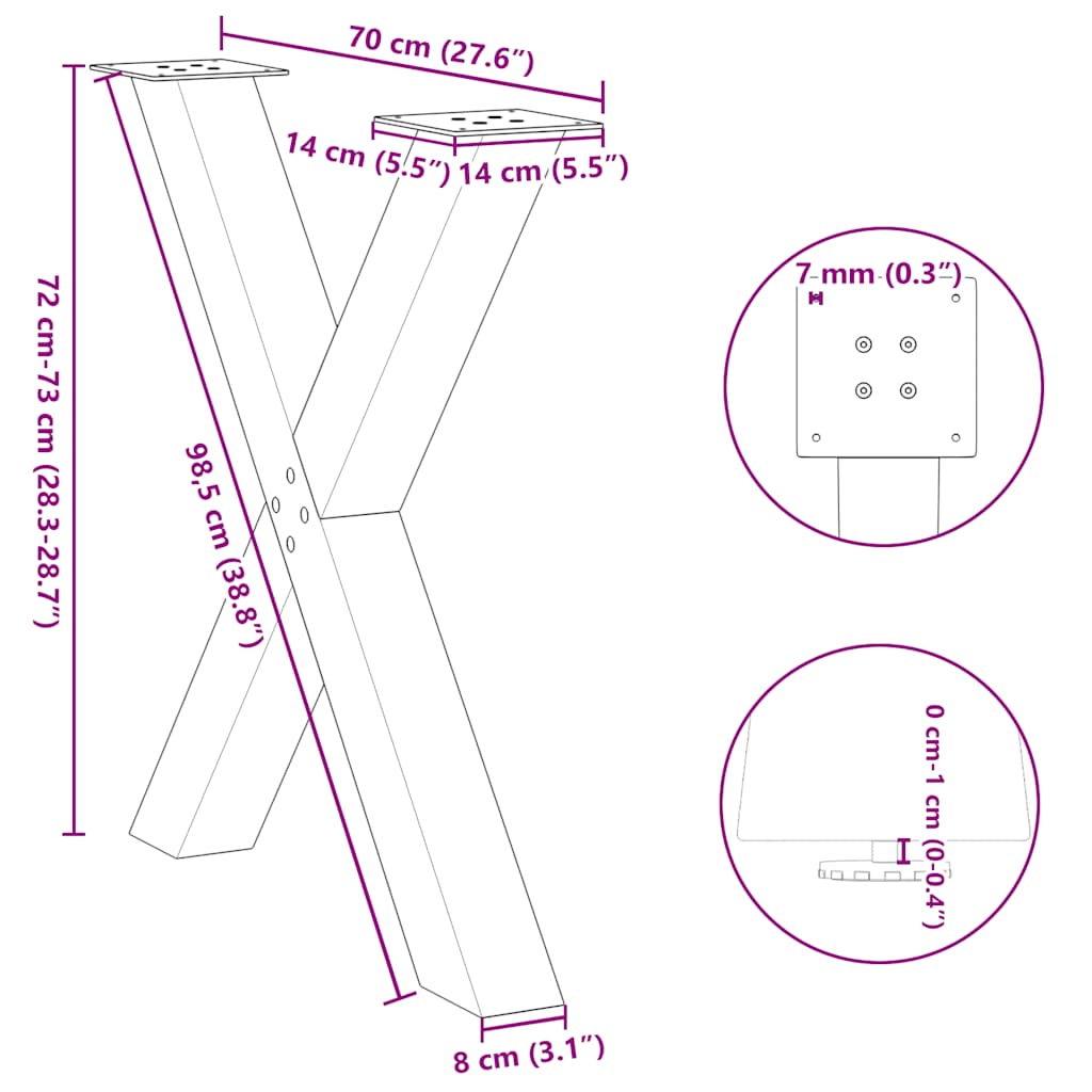 Gambe per tavolo da pranzo a forma di X 3 pz nere 70x(72-73) cm