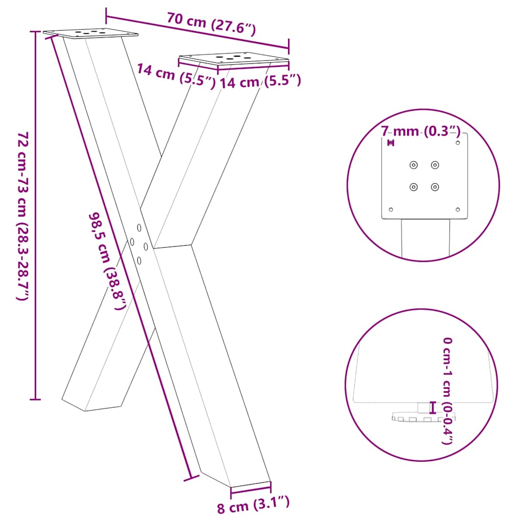 Gambe Tavolo Pranzo a X 3 pz Antracite 70x(72-73) cm Acciaio