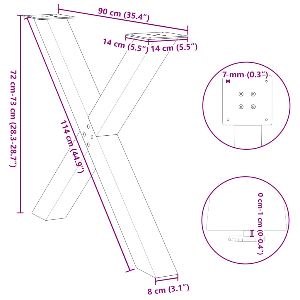 Gambe per tavolo da pranzo a forma di X 3 pz nere 90x(72-73) cm