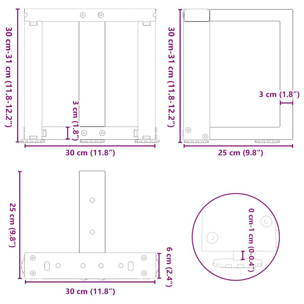 Gambe Tavolino da Caffè a T 2 pz Nero 30x25x(30-31) cm Acciaio