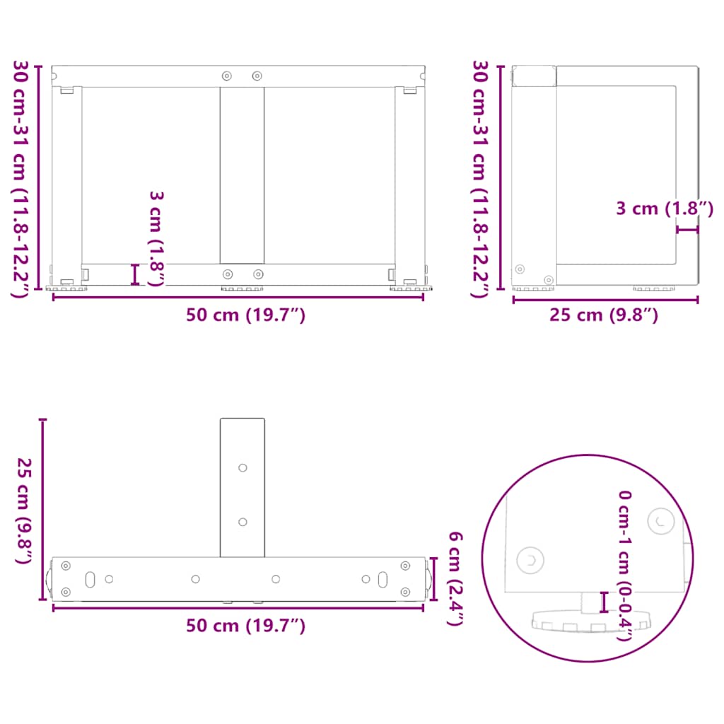 Gambe Tavolino da Caffè a T 2 pz Nero 50x25x(30-31) cm Acciaio