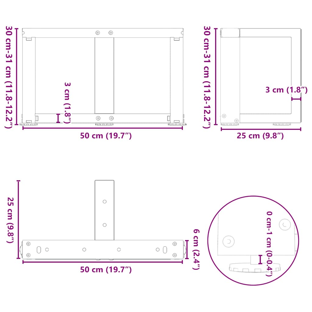 Gambe Tavolino da Caffè forma T 2 pz Bianche 50x25x(30-31) cm