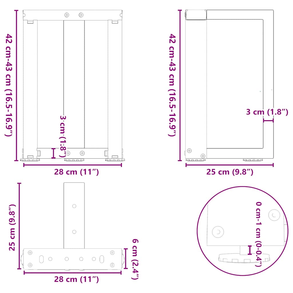 Gambe Tavolino da Caffè a T 2 pz Nero 28x25x(42-43) cm Acciaio