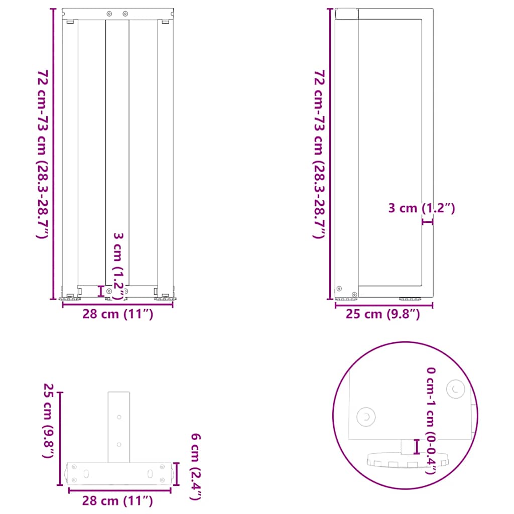 Gambe Tavolo Consolle a T 2pz Antracite 25x28x(72-73)cm Acciaio