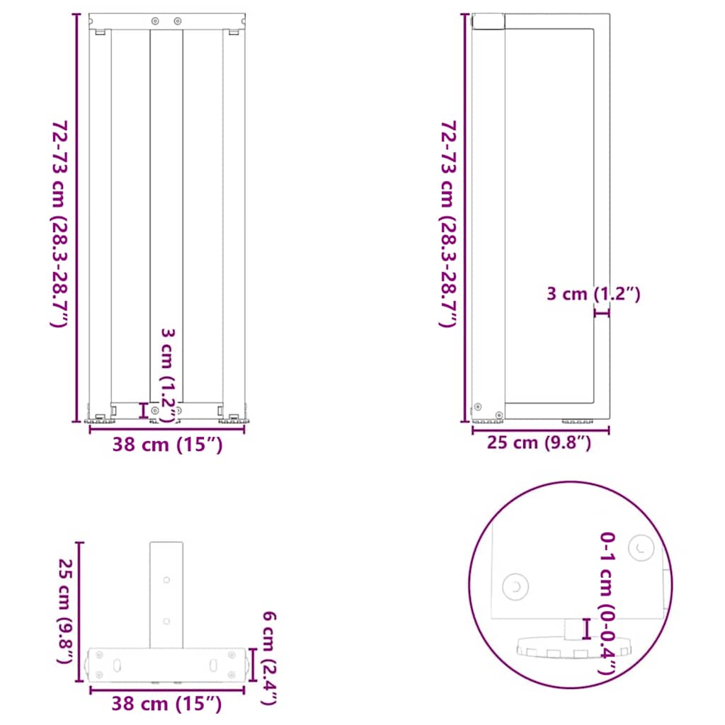 Gambe per Tavolo Consolle forma T 2 pz Nere 38x25x(72-73) cm