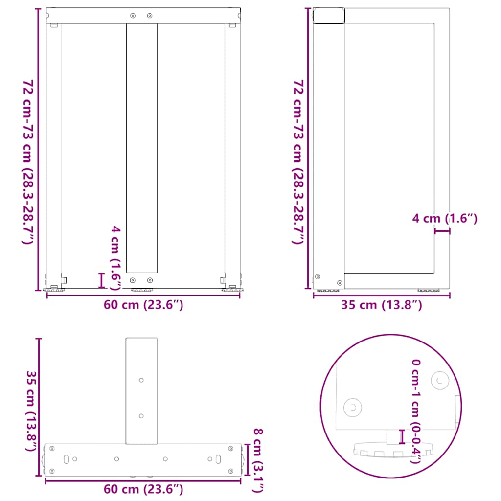 Gambe per tavolo da pranzo forma T 2 pz nere 60x35x(72-73) cm