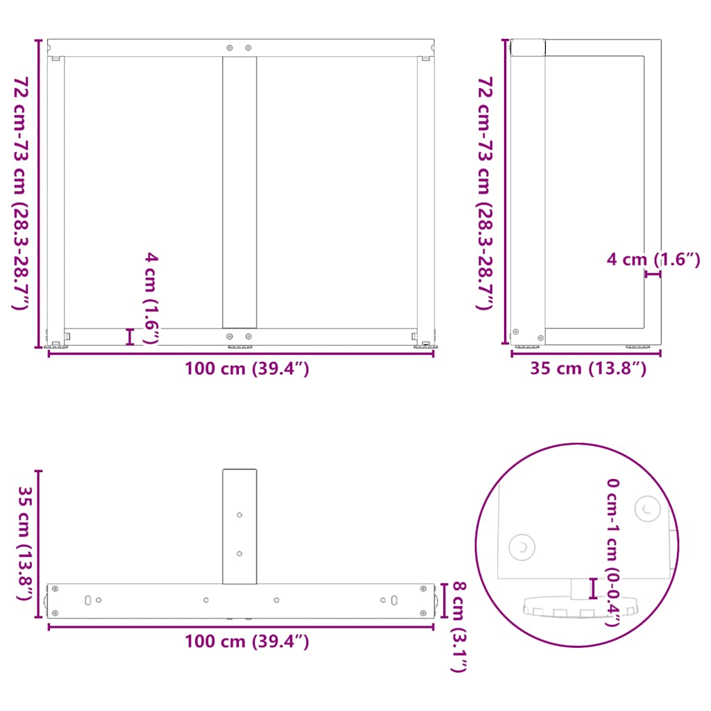 Gambe per tavolo da pranzo forma T 2 pz nere 100x35x(72-73) cm