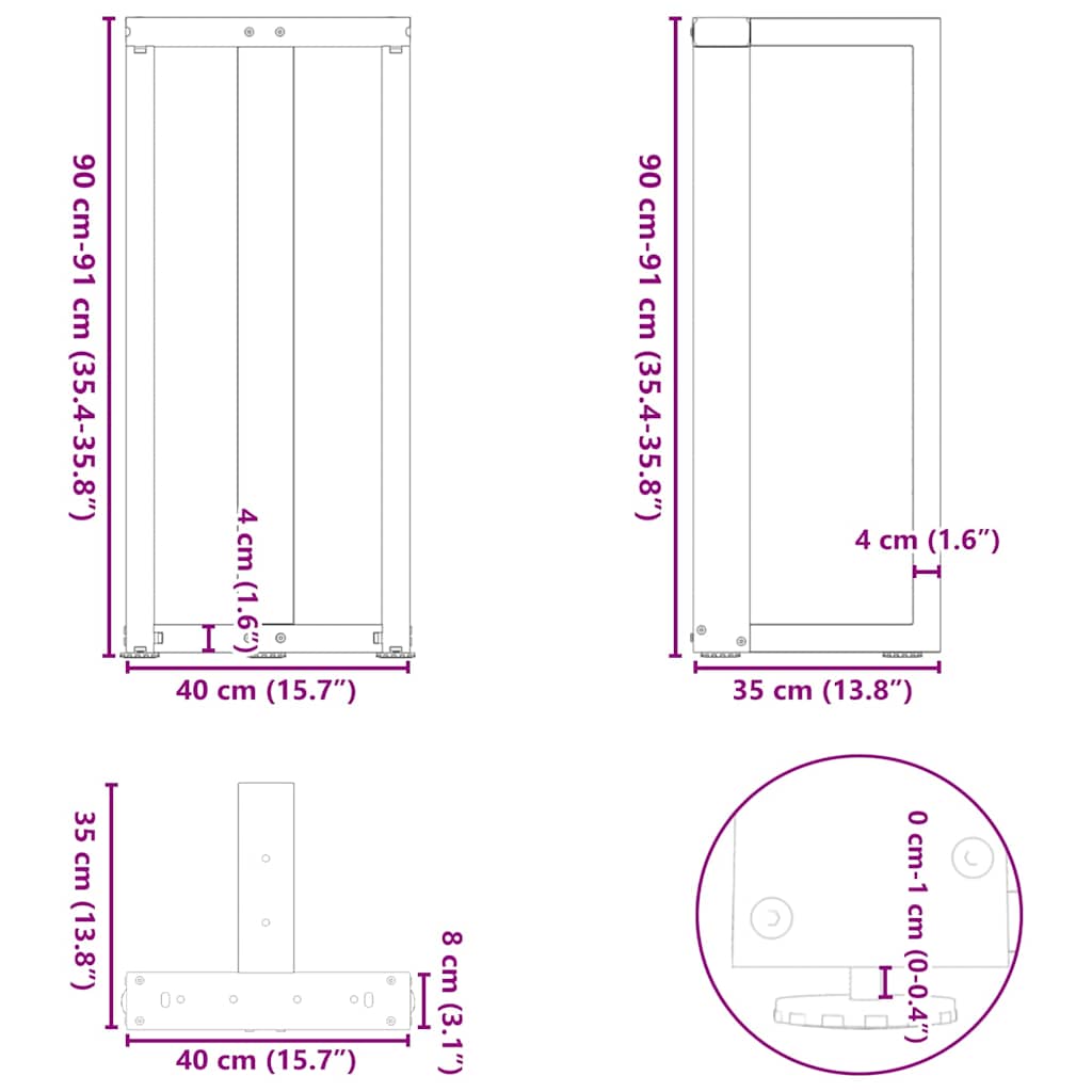 Gambe per tavolo da bar forma T 2 pz bianche 40x35x(90-91) cm