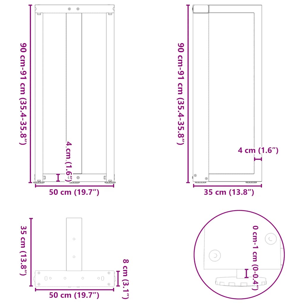 Gambe per tavolo da bar a forma di T 2 pz nere 50x35x(90-91) cm
