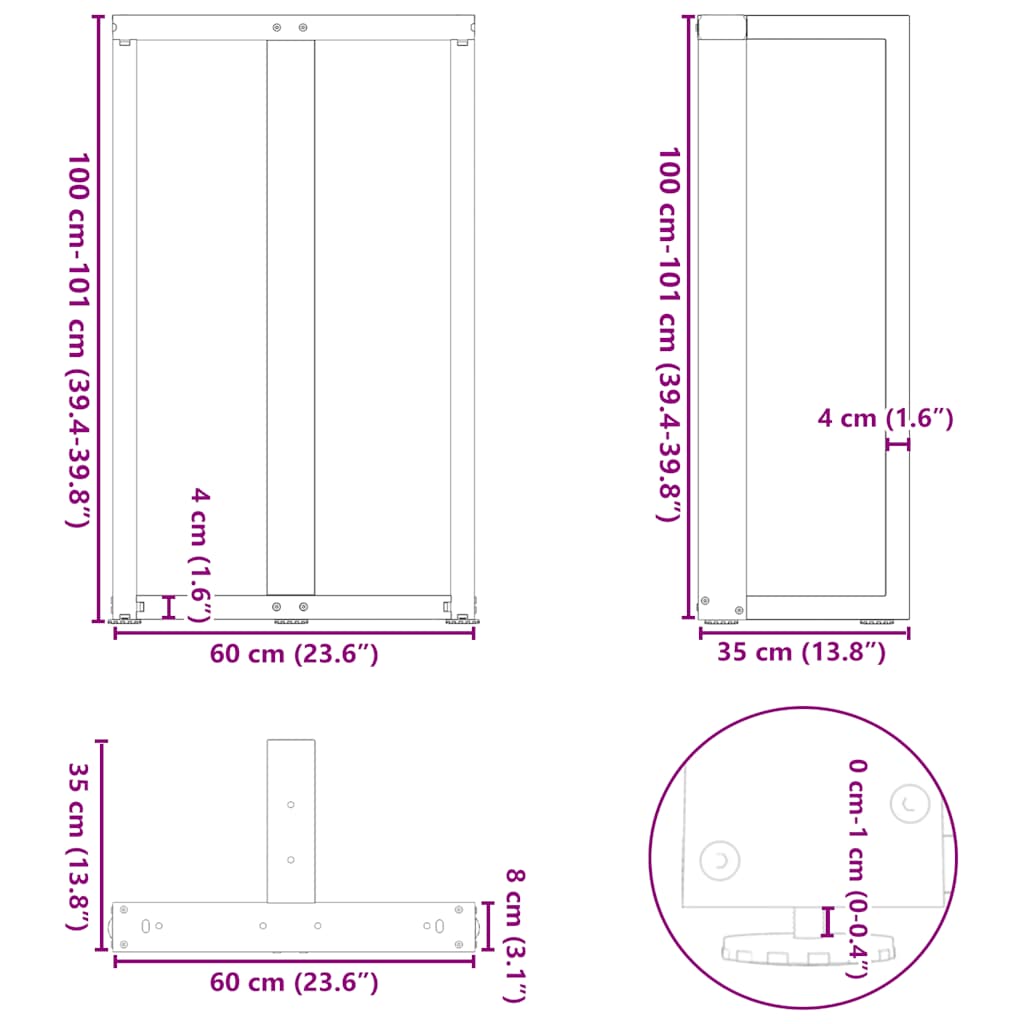 Gambe per tavolo da bar forma T 2 pz nere 60x35x(100-101) cm