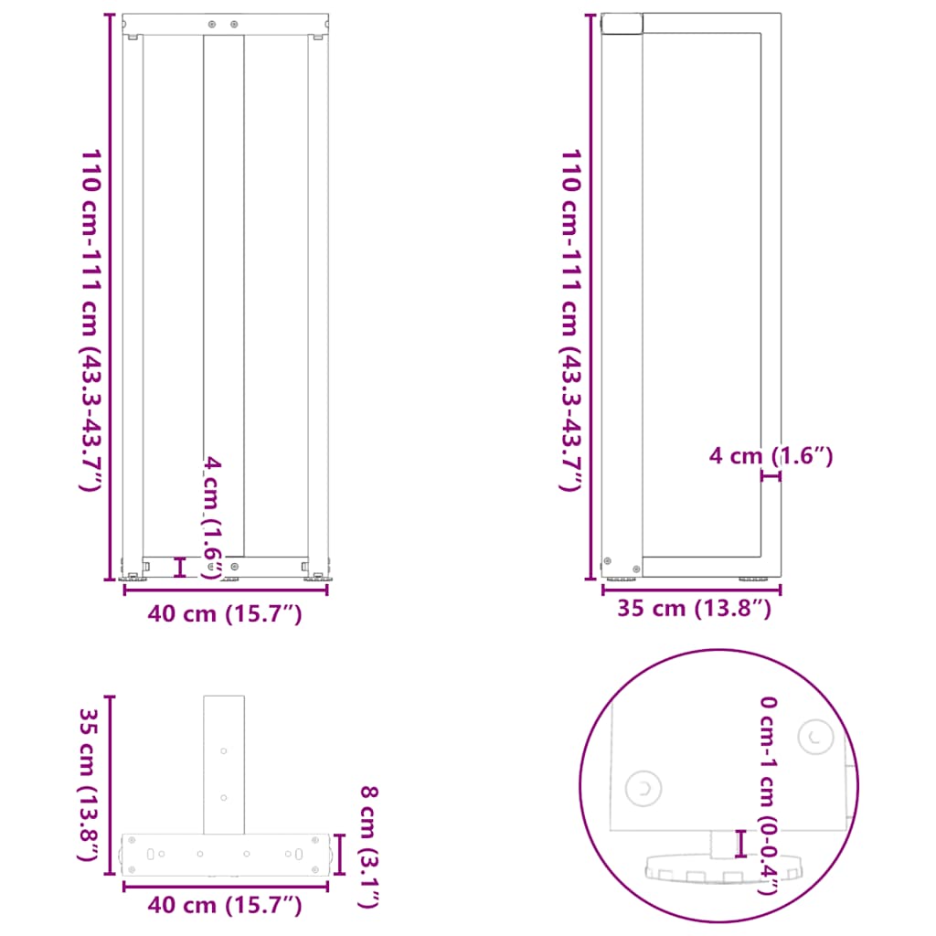 Gambe per tavolo da bar forma T 2 pz nere 40x35x(110-111) cm